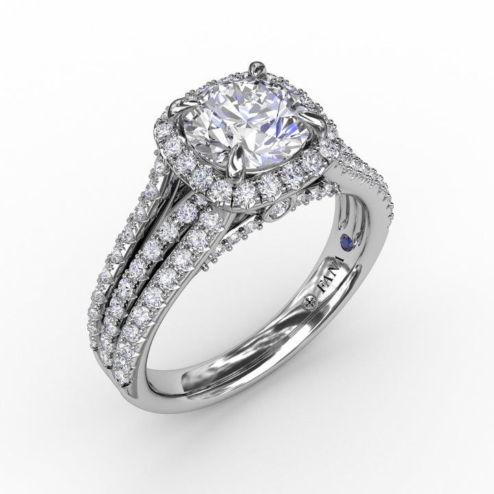 Cushion-Shaped Diamond Halo Engagement Ring With Triple-Row Diamond Band