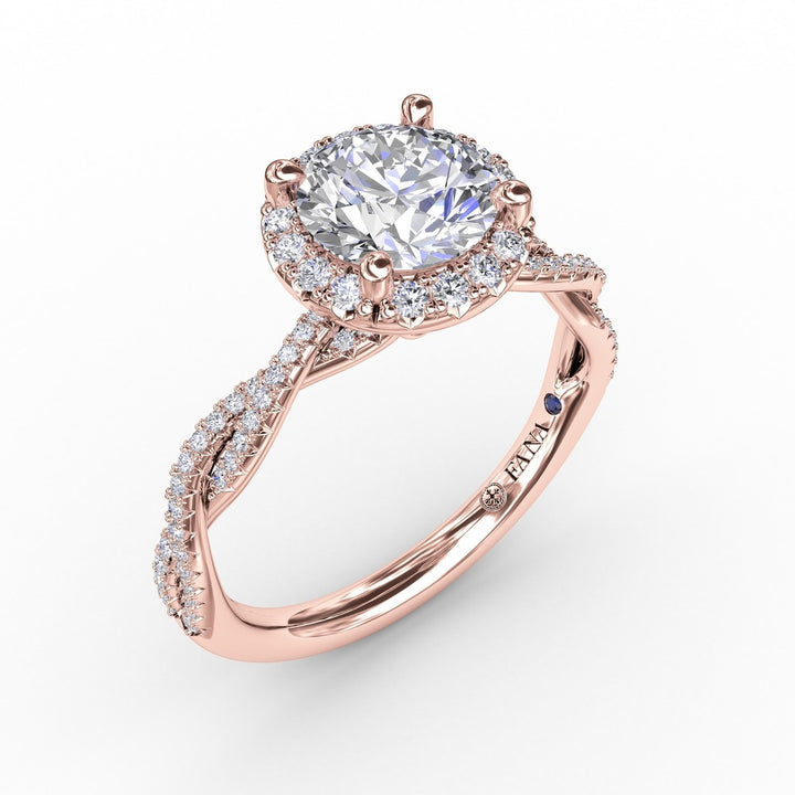 Classic Round Diamond Halo Engagement Ring With Twist Diamond Band