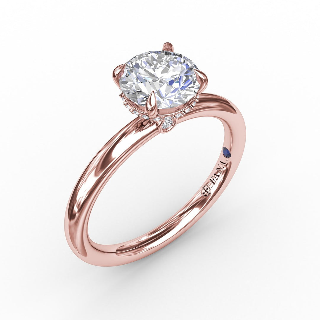 Contemporary Round Diamond Solitaire Engagement Ring With Hidden Pavé Halo