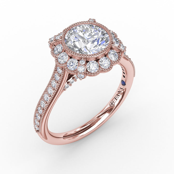 Vintage Scalloped Halo Engagement Ring With Milgrain Details