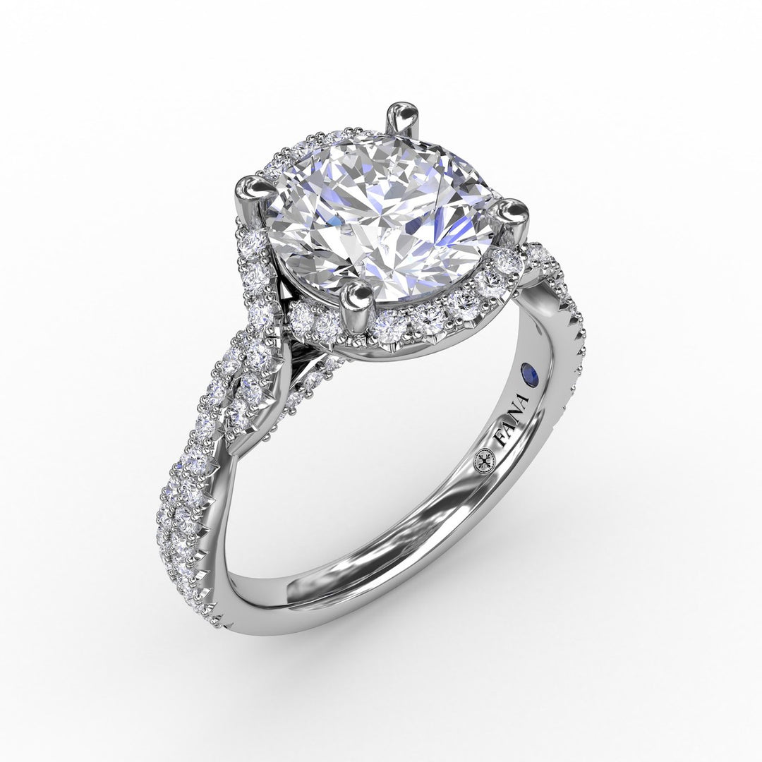 Contemporary Round Diamond Halo Engagement Ring With Twisted Vine Shank