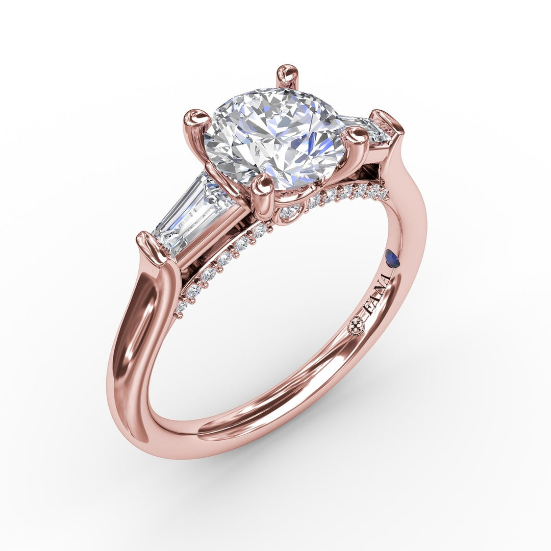 Three-Stone Round Diamond Engagement Ring With Bezel-Set Baguettes