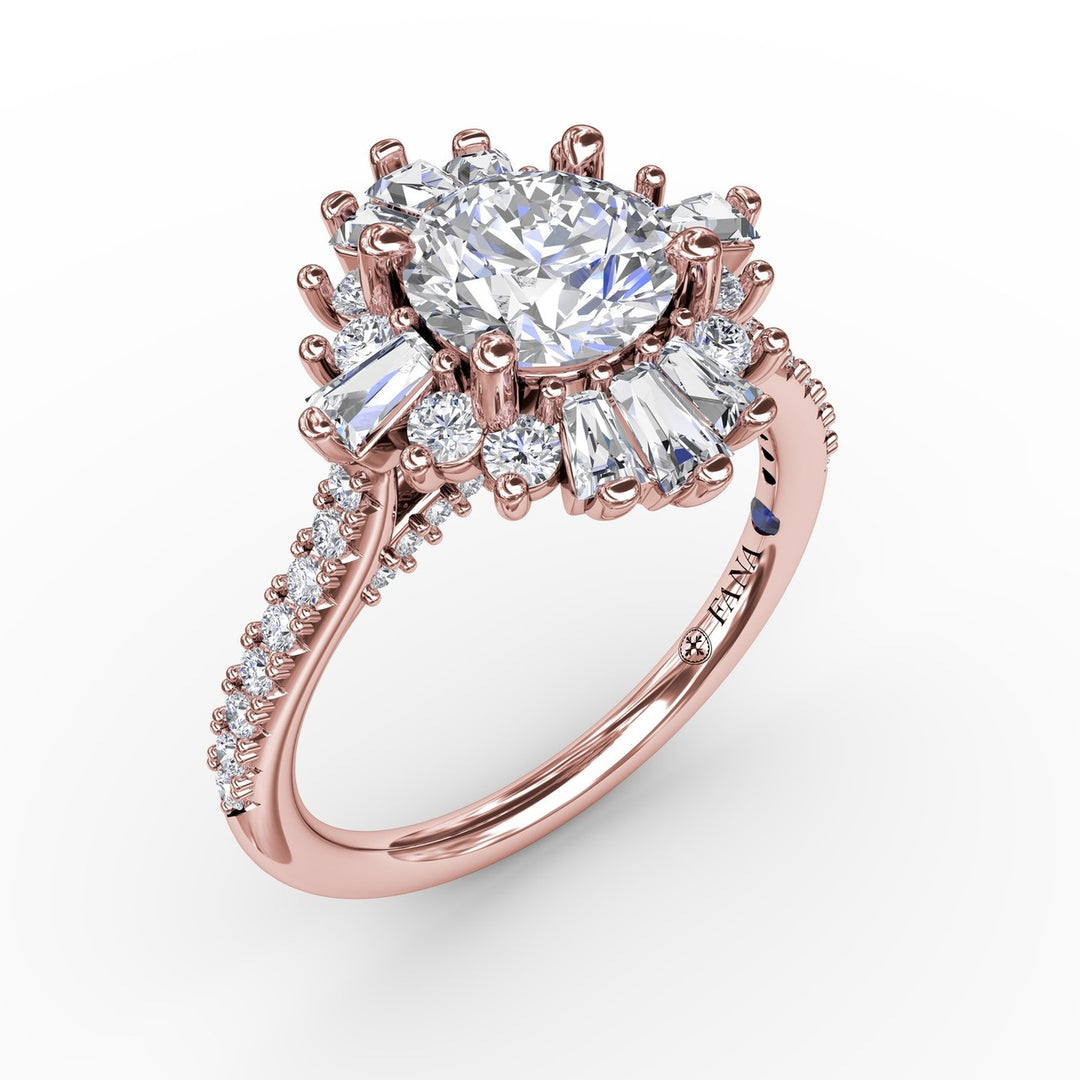 Mixed Shape Diamond Halo Ballerina Style Engagement Ring With Diamond Band