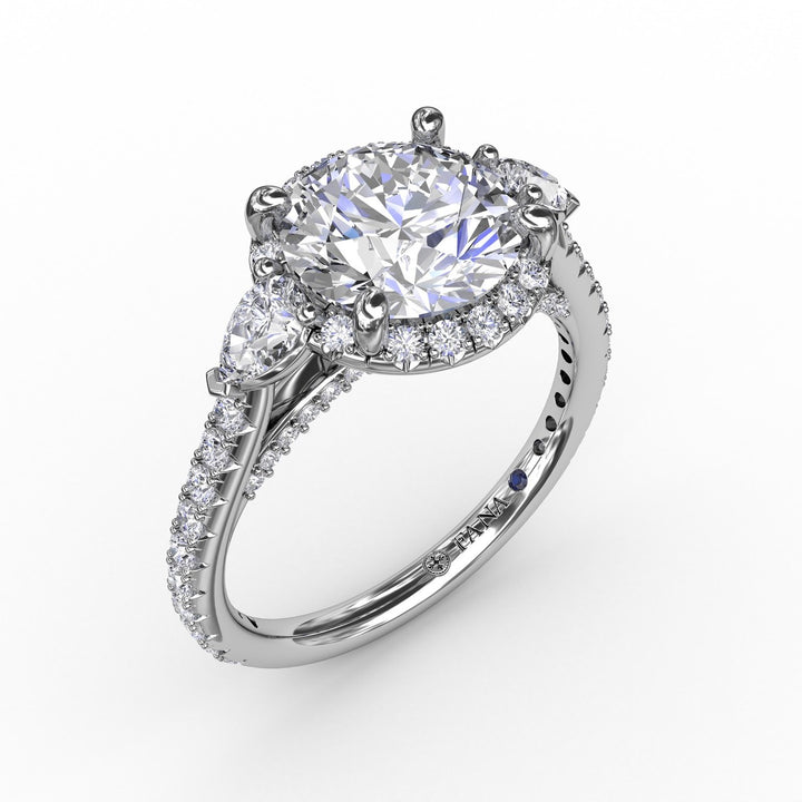 Round Diamond Halo Engagement Ring With Pear-Shape Side Stones