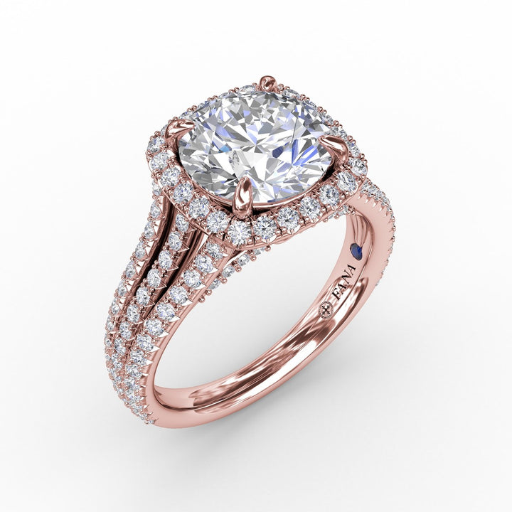 Round Diamond Engagement Ring With Cushion-Shaped Halo and Triple-Row Diamond Band