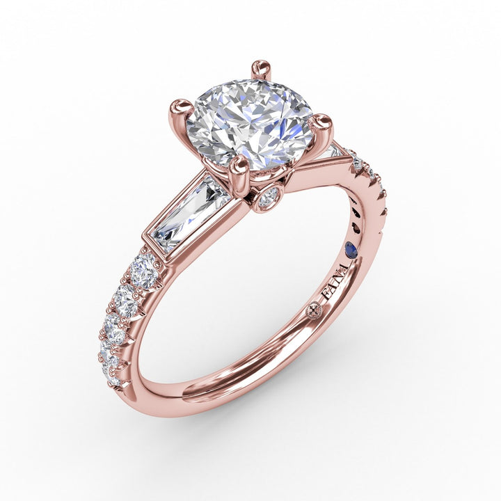 Three-Stone Round Diamond Engagement Ring With Bezel-Set Baguettes and Diamond Band