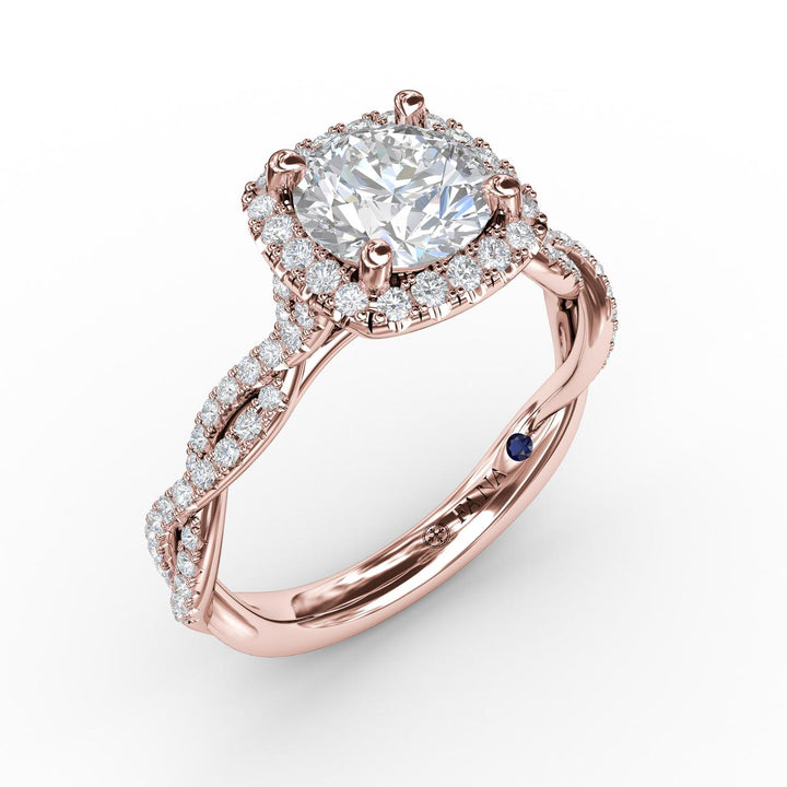 Classic Cushion Diamond Halo Engagement Ring With Cathedral Twist Diamond Band