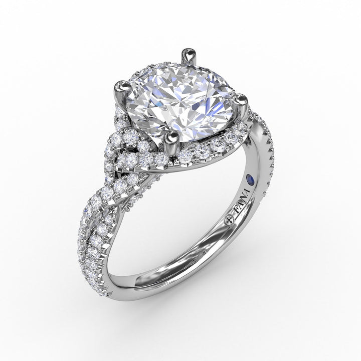 Contemporary Round Diamond Halo Engagement Ring With Twisted Shank