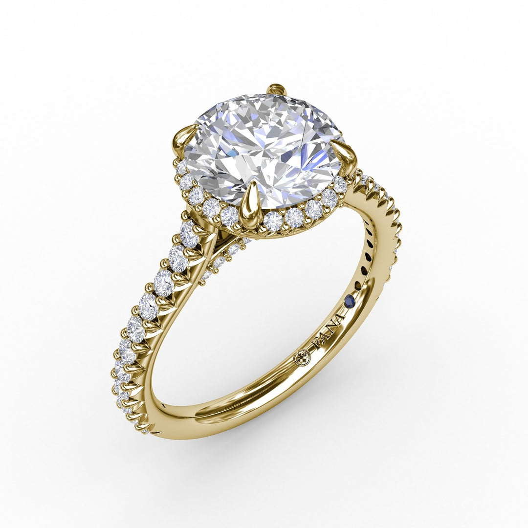 Contemporary Round Diamond Halo Engagement Ring With Geometric Details