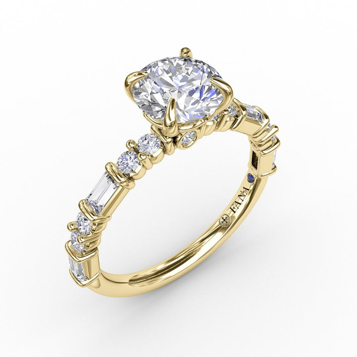 Contemporary Diamond Solitaire Engagement Ring With Baguettes and Round Diamond Accents