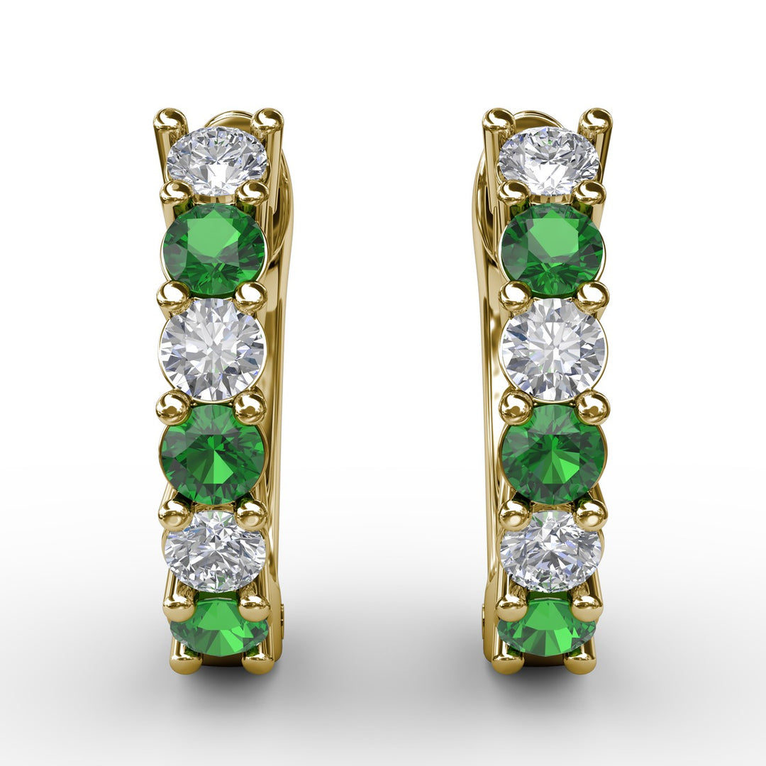 Shared Prong Emerald And Diamond Hoop Earrings