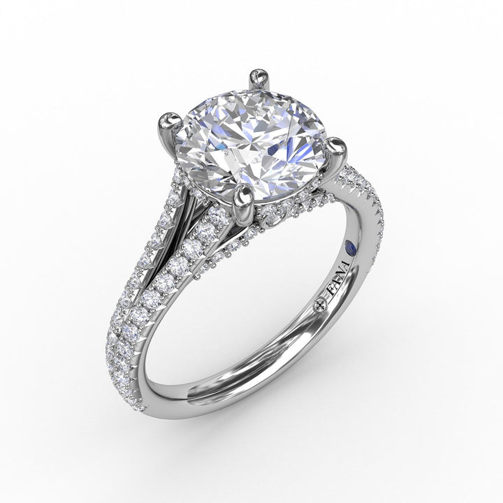 Classic Hidden Halo Round Diamond Solitaire Engagement Ring With Split-Diamond Shank