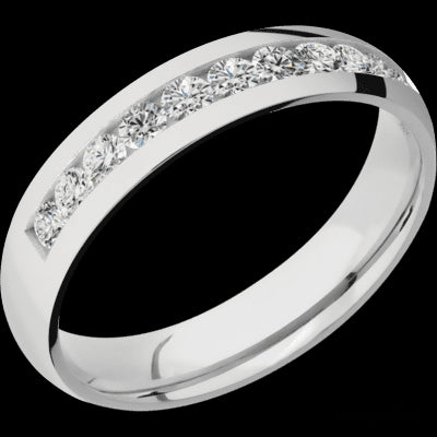 5 mm wide/Domed/Cobalt Chrome band with a Half Eternity arrangement of .07 carat Round Diamond stones in a Channel setting.