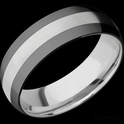 7 mm wide/Domed/Cobalt Chrome band with two 2 mm Double Off Center Edge inlays of Zirconium.