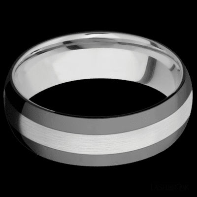 7 mm wide/Domed/Cobalt Chrome band with two 2 mm Double Off Center Edge inlays of Zirconium.