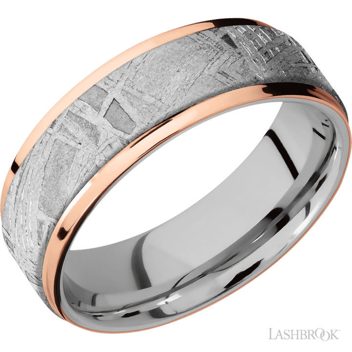 7 mm wide/Flat Grooved Edges/Cobalt Chrome band featuring inlays of Meteorite and 14K Rose Gold.