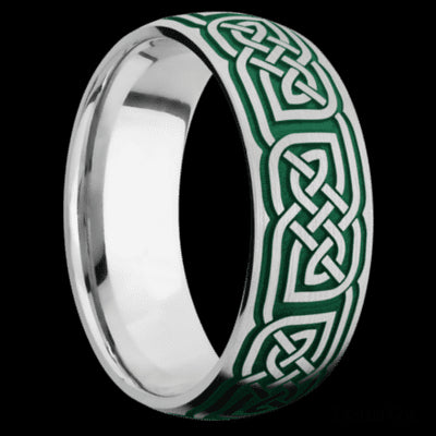 8 mm wide/Domed/Cobalt Chrome band with a laser carved Celtic 17 pattern.