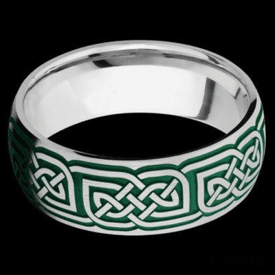 8 mm wide/Domed/Cobalt Chrome band with a laser carved Celtic 17 pattern.