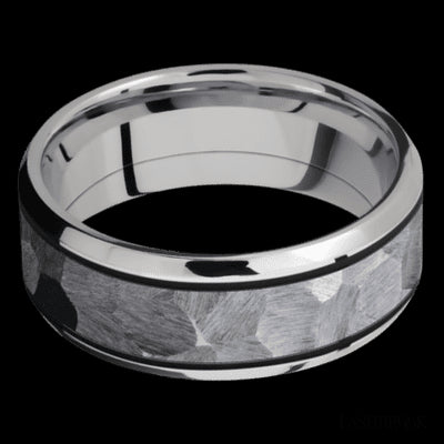 8 mm wide/Beveled/Cobalt Chrome band with one 5 mm Centered inlay of Tantalum.