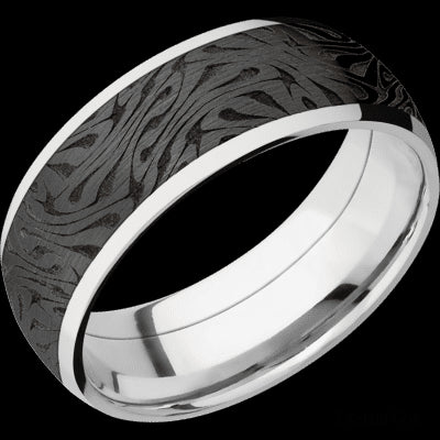 8 mm wide/Domed/Cobalt Chrome band with one 6 mm Centered inlay of Zirconium with a laser carved Escher 1 pattern.