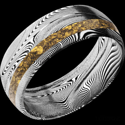 8 mm wide/Domed/Tightweave band with one 2 mm Off Center inlay of Alaskan Gold Nugget.