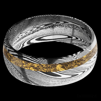 8 mm wide/Domed/Tightweave band with one 2 mm Off Center inlay of Alaskan Gold Nugget.