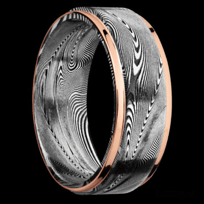 8 mm wide/Flat Grooved Edges/Tightweave band with two 1 mm Edge inlays of 14K Rose Gold.