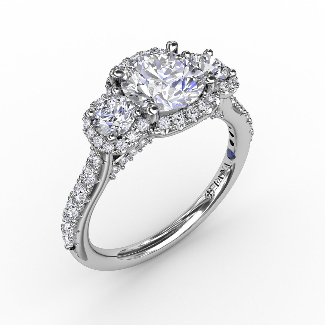 Three-Stone Round Diamond Halo Engagement Ring