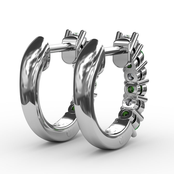 Shared Prong Emerald And Diamond Hoop Earrings