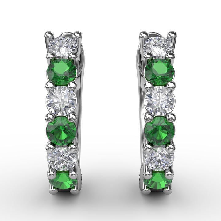 Shared Prong Emerald And Diamond Hoop Earrings