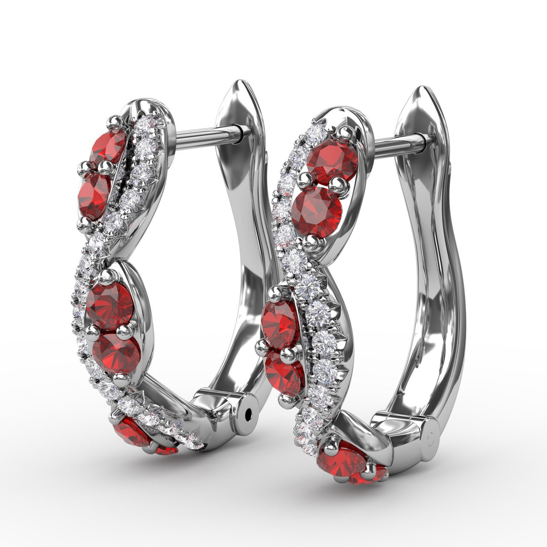 Ruby And Diamond Swirl Hoops