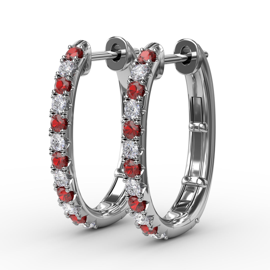 Alternaing Ruby and Diamond Hoop Earrings