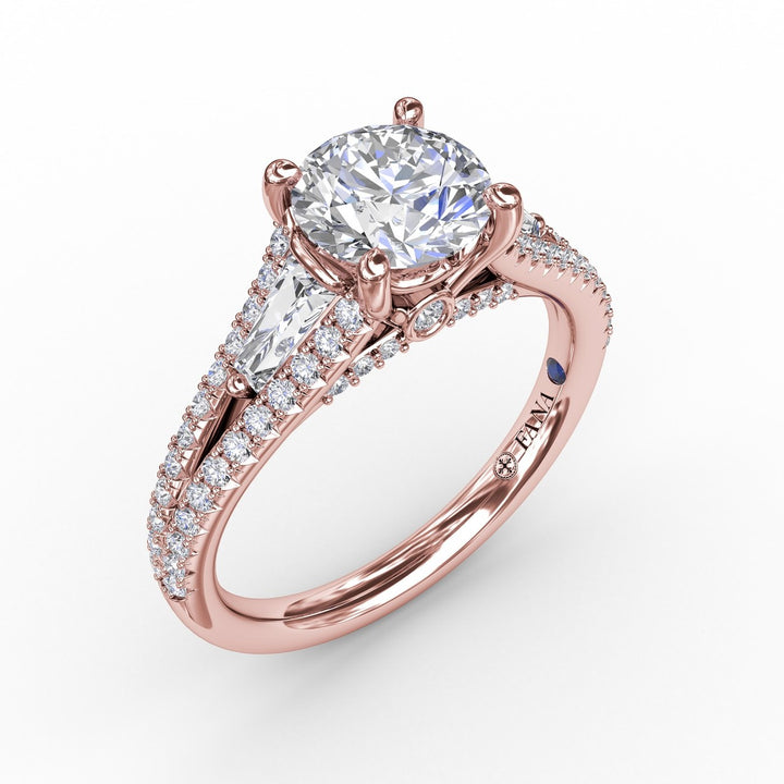 Three-Stone Round Diamond Engagement Ring With Split Diamond Shank and Baguette Side Stones