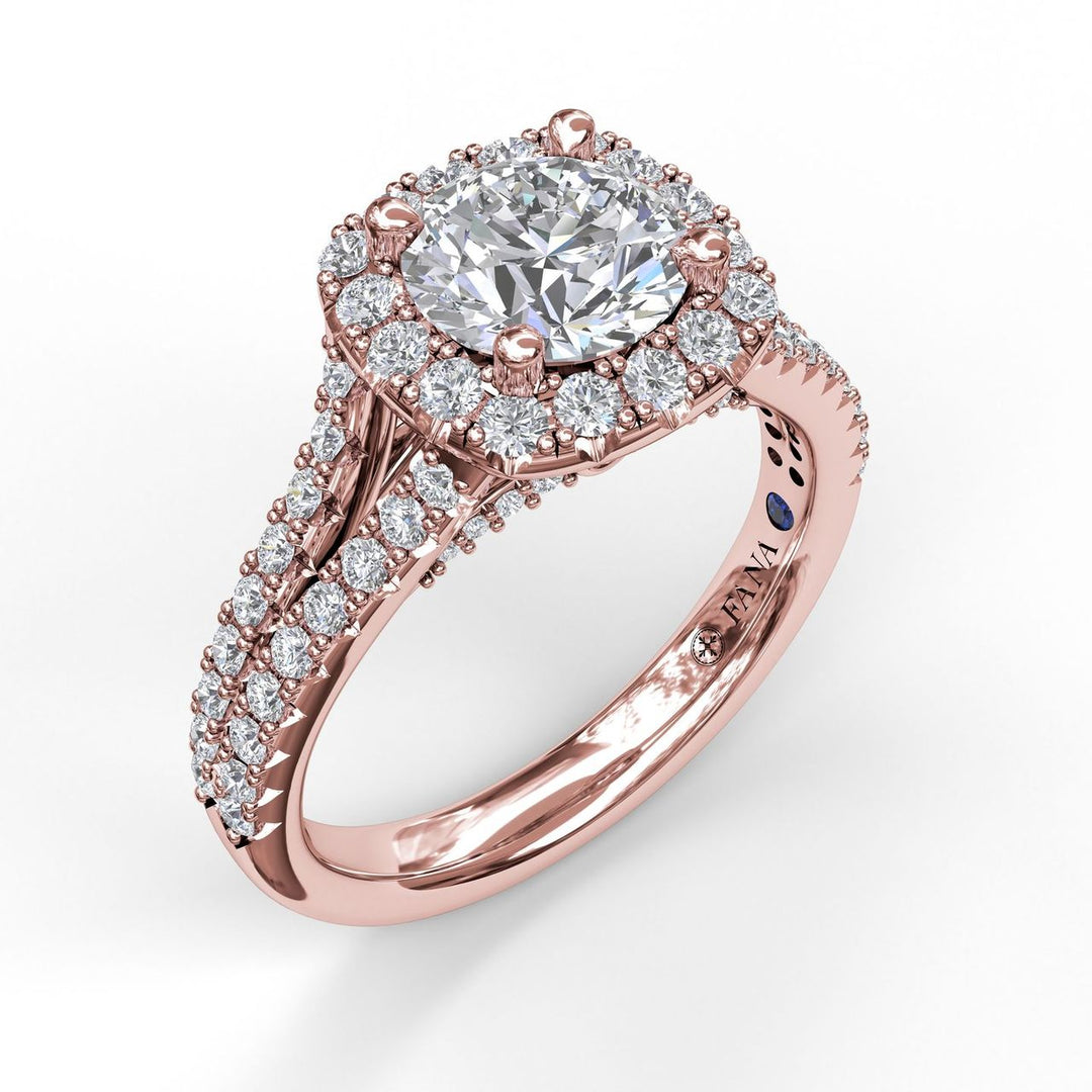 Cushion Halo Engagement Ring with a Diamond Encrusted Split Band