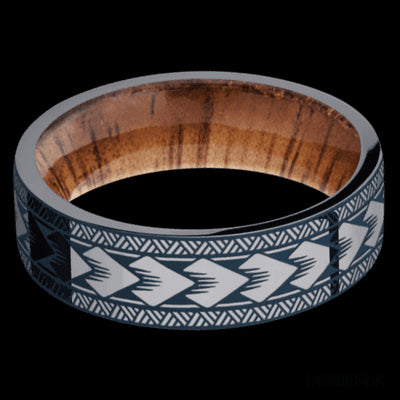 7 mm wide/Flat/Tantalum band with a laser carved Maori pattern also featuring a Koa sleeve.