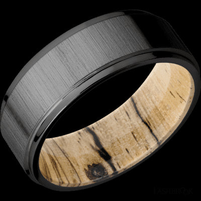 8 mm wide Flat Grooved Edges Zirconium band featuring a Spalted Tamarind sleeve.