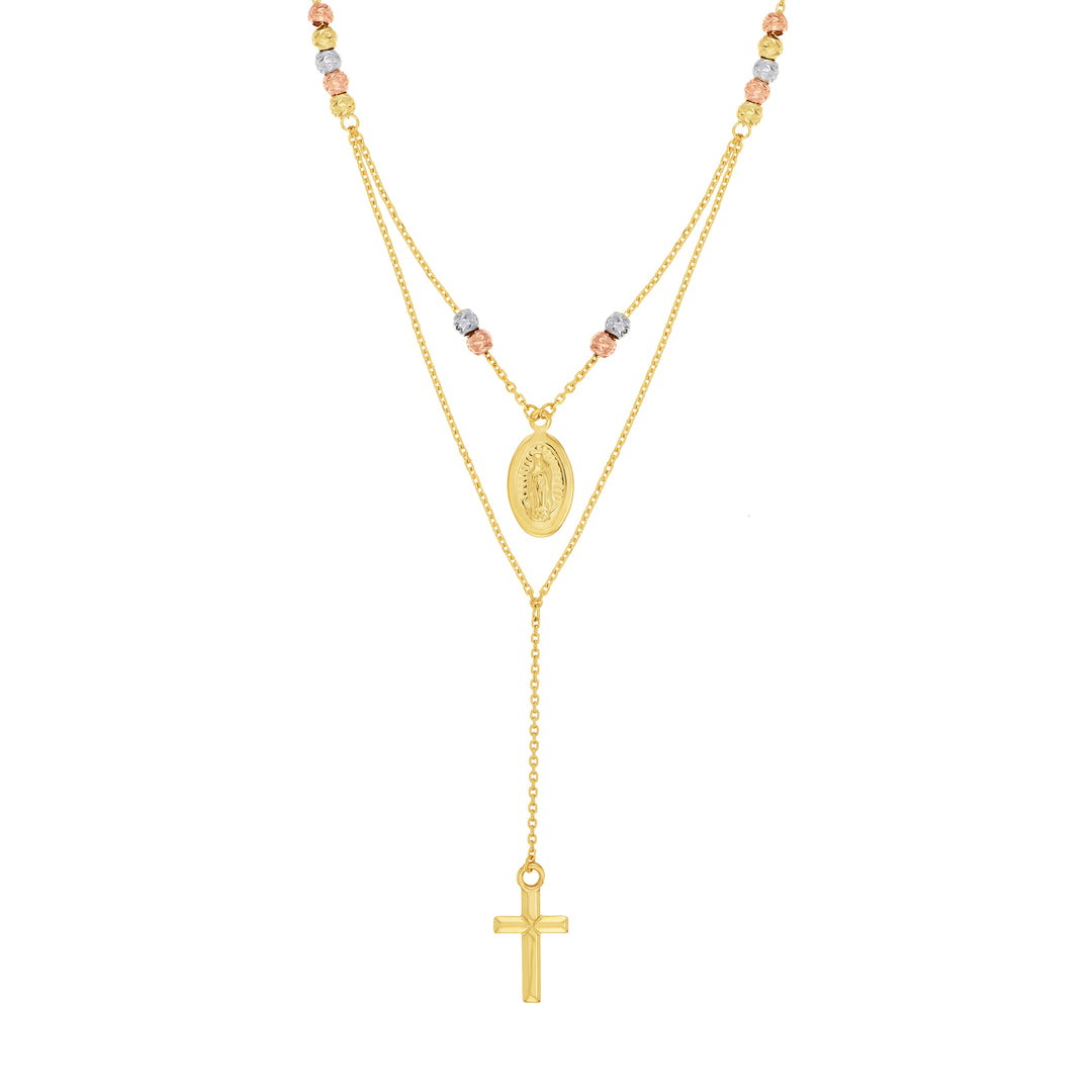 Tri-Color Virgin Mary and Cross Duo Necklace