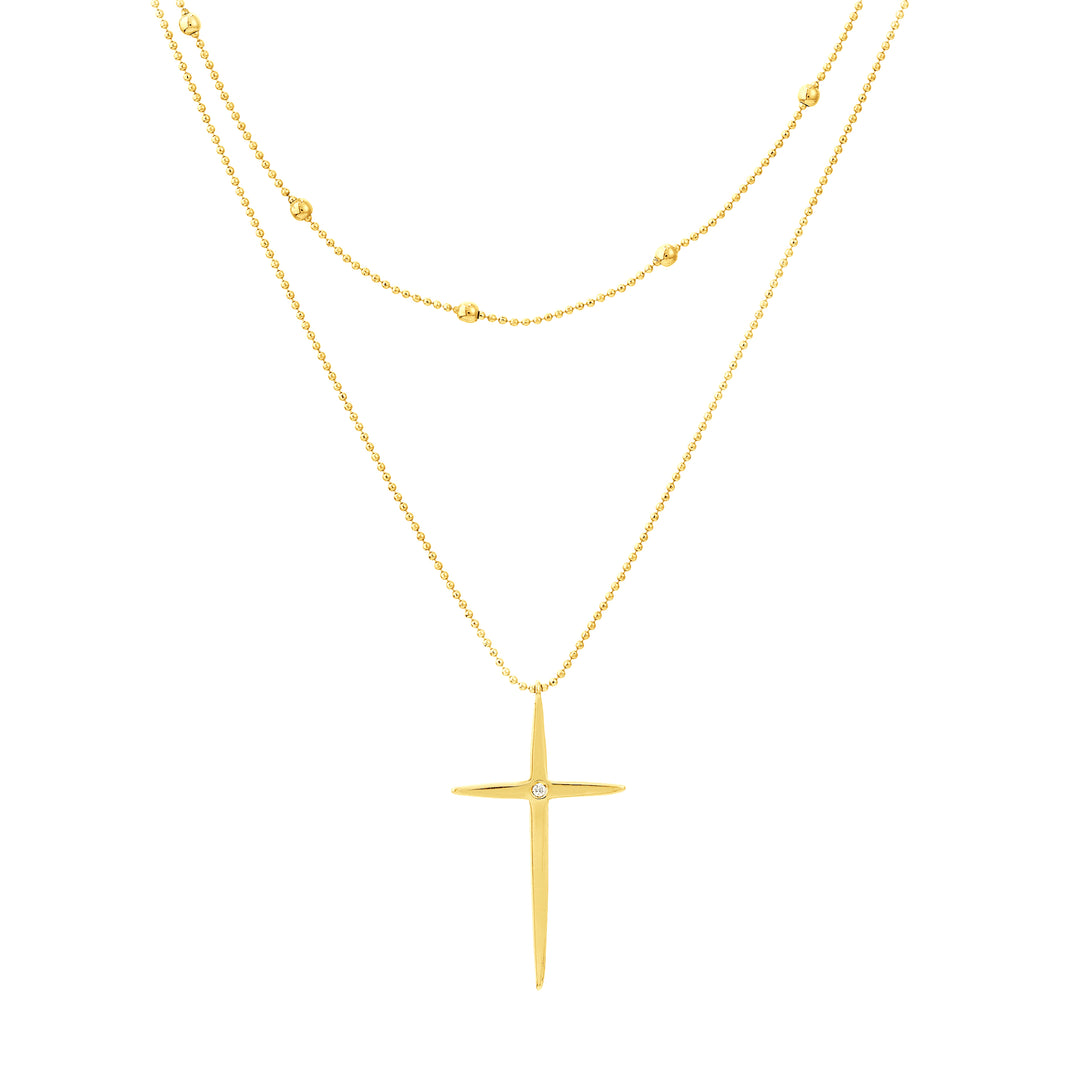 Bead and 1pt Diamond Cross Duo Necklace