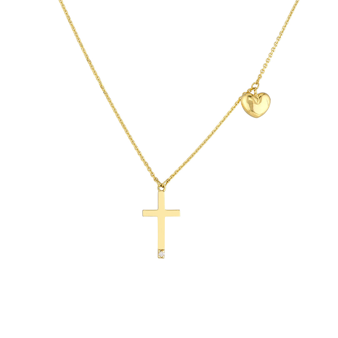 Solitaire Diamond Cross Necklace with Puff Heart Charm