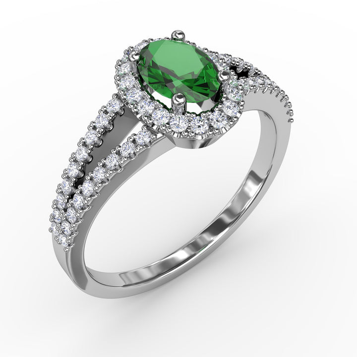 Split Shank Oval Emerald and Diamond Ring