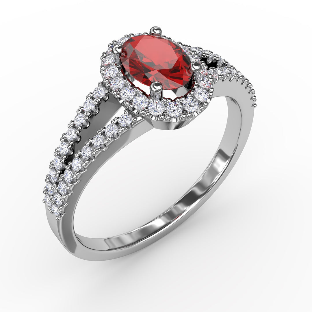 Split Shank Oval Ruby and Diamond Ring