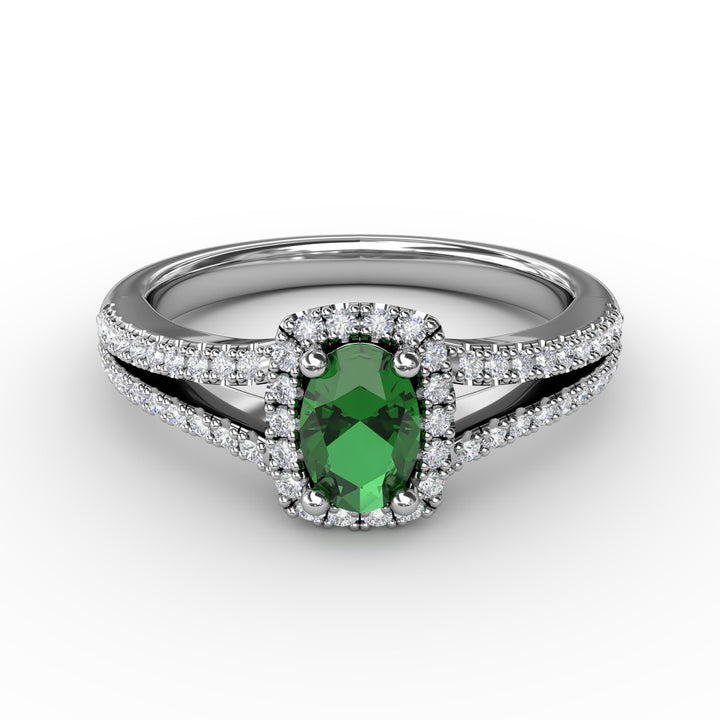 Split Shank Oval Emerald and Diamond Ring