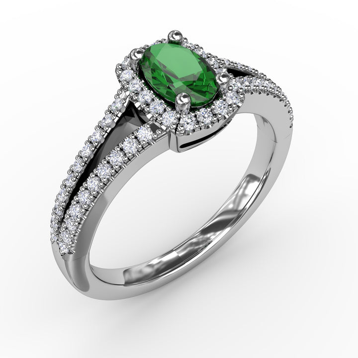 Split Shank Oval Emerald and Diamond Ring