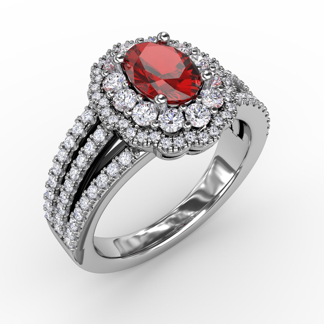 Ruby and Diamond Triple Row Split Shank Ring