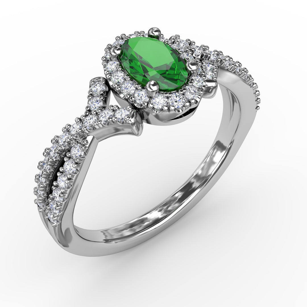 Swirls of Love Emerald and Diamond Twist Ring