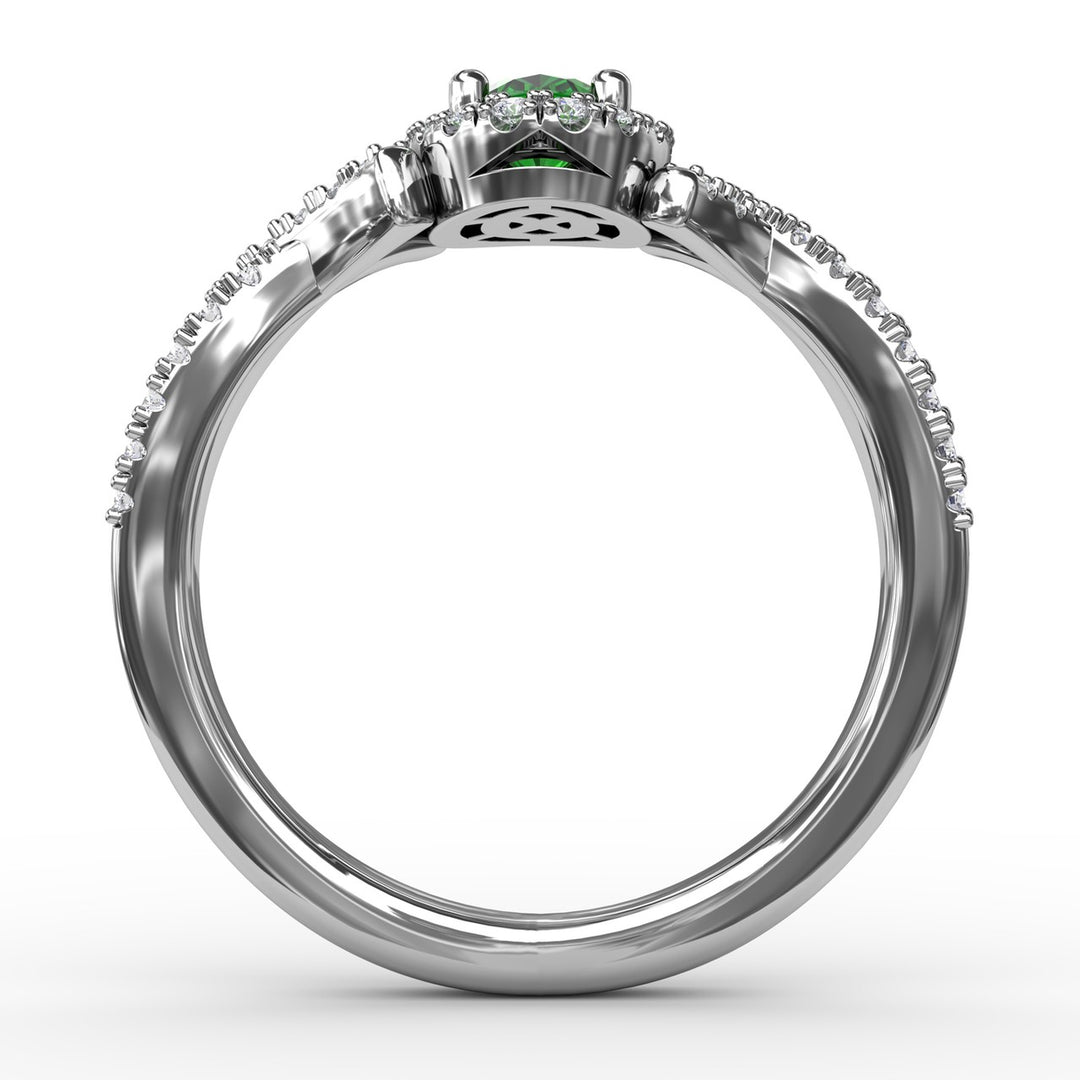 Swirls of Love Emerald and Diamond Twist Ring