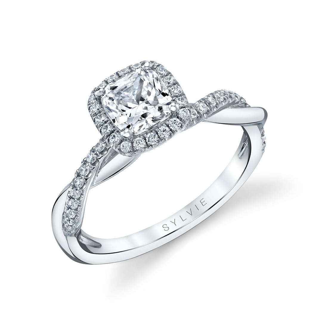 Cushion Cut Modern Halo Diamond Spiral Engagement Ring - Coralie