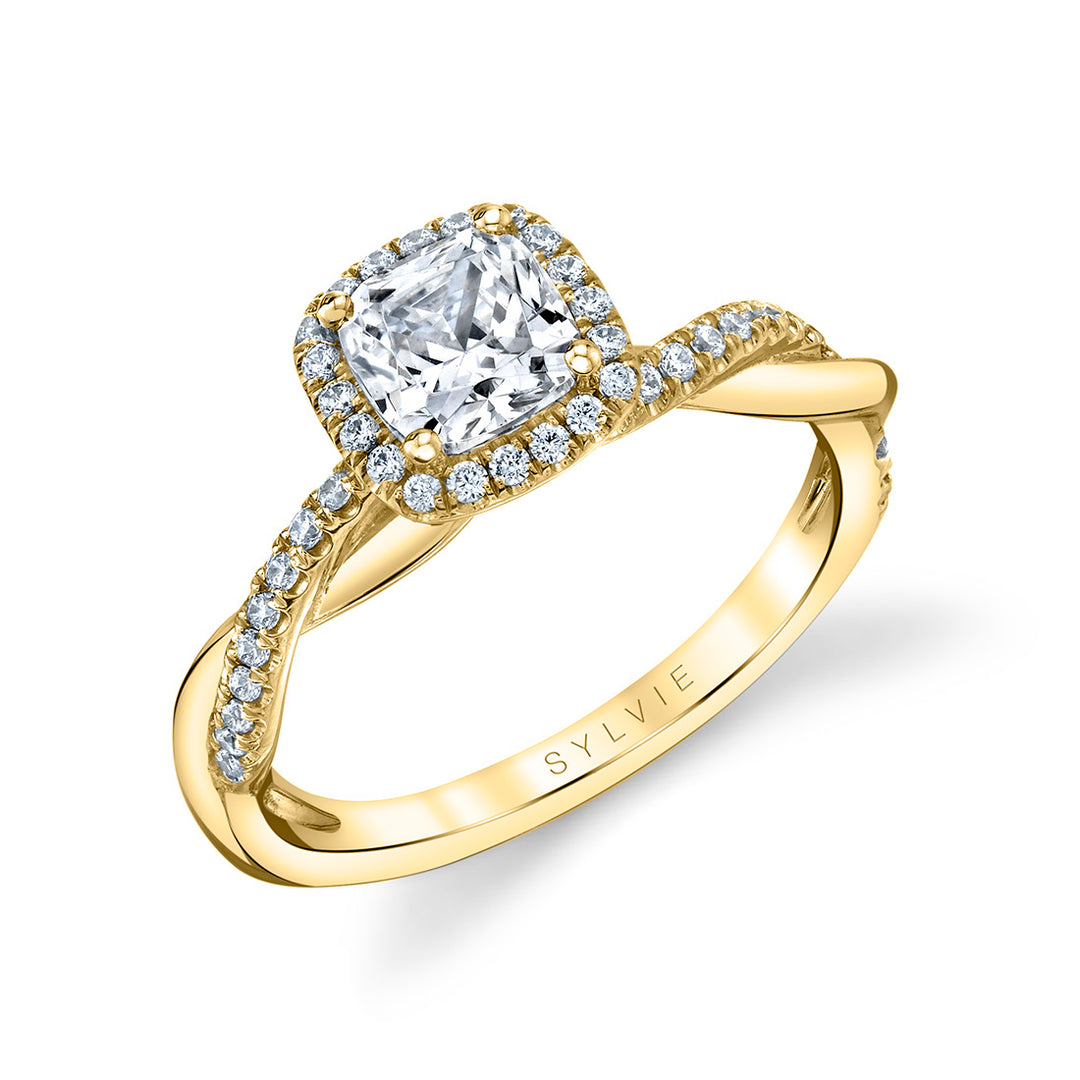 Cushion Cut Modern Halo Diamond Spiral Engagement Ring - Coralie