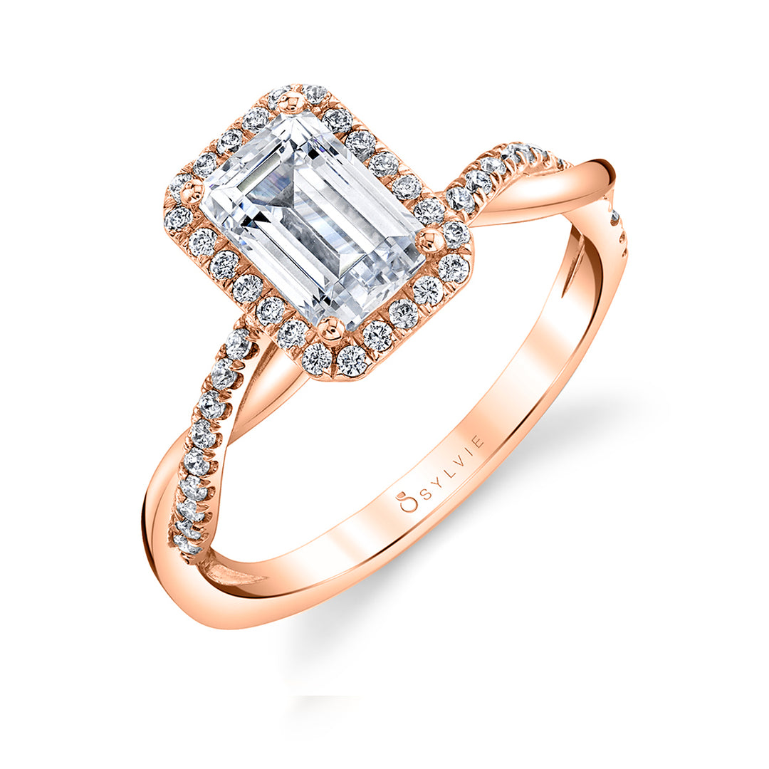 Emerald Cut Modern Halo Diamond Spiral Engagement Ring - Coralie