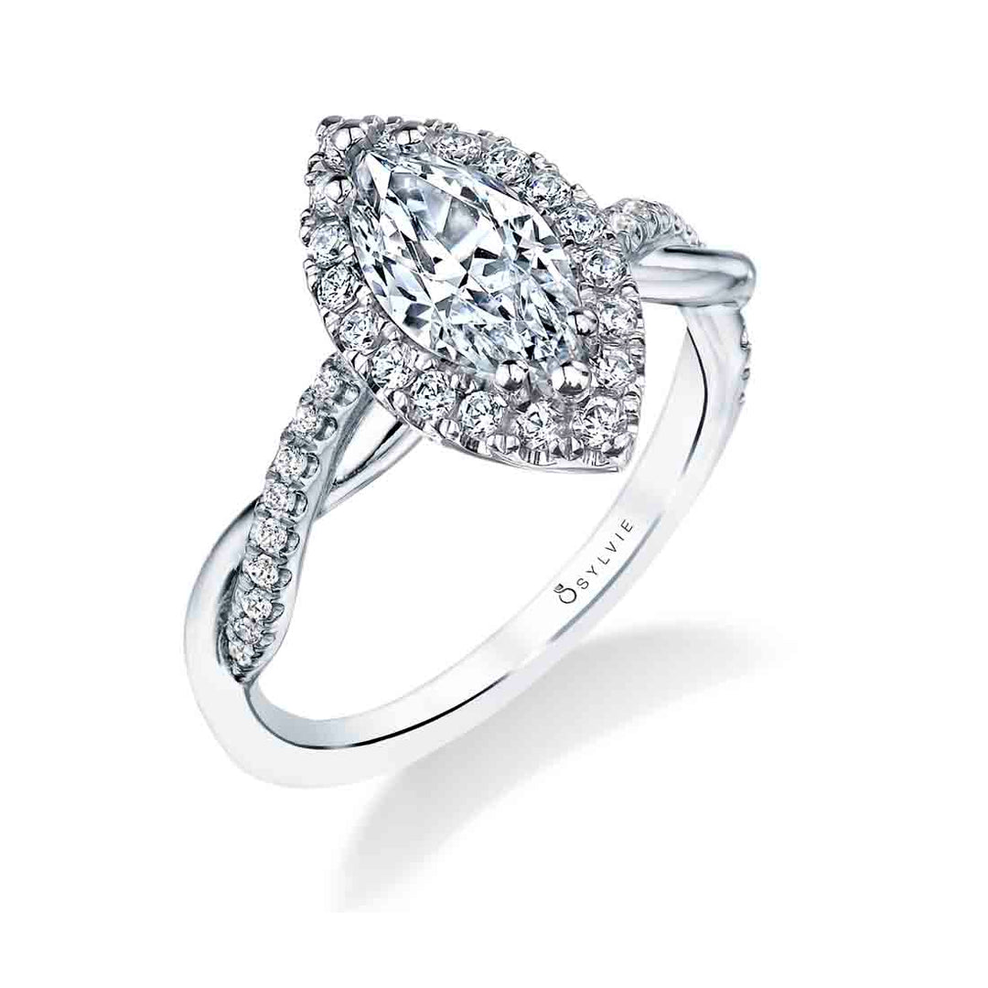 Marquise Cut Modern Halo Diamond Spiral Engagement Ring - Coralie